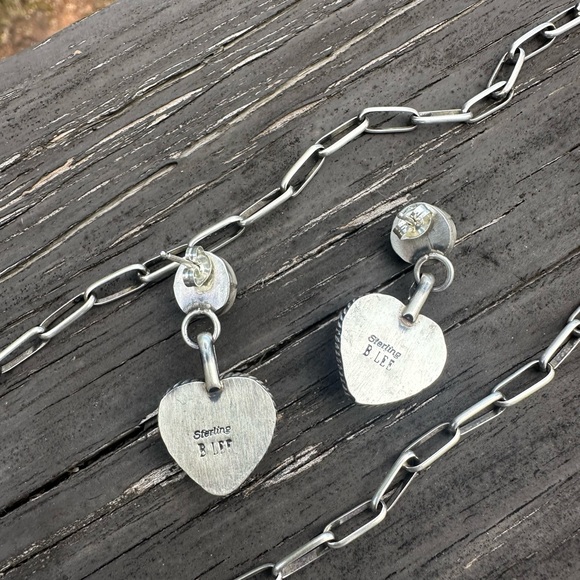 Navajo Betta Lee Spiny Oyster & Turquoise Heart SS Lariat & Earrings Set - Picture 5 of 8